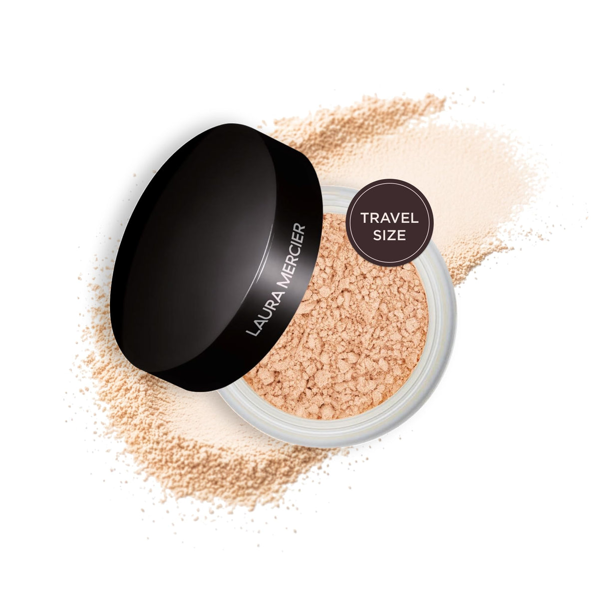 Laura Mercier front packaging showing compact jar and lid for storage benefit