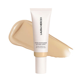 Laura Mercier front packaging showing sleek bottle and SPF benefit