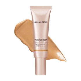 Laura Mercier front tube in Sand showing product and shade benefits