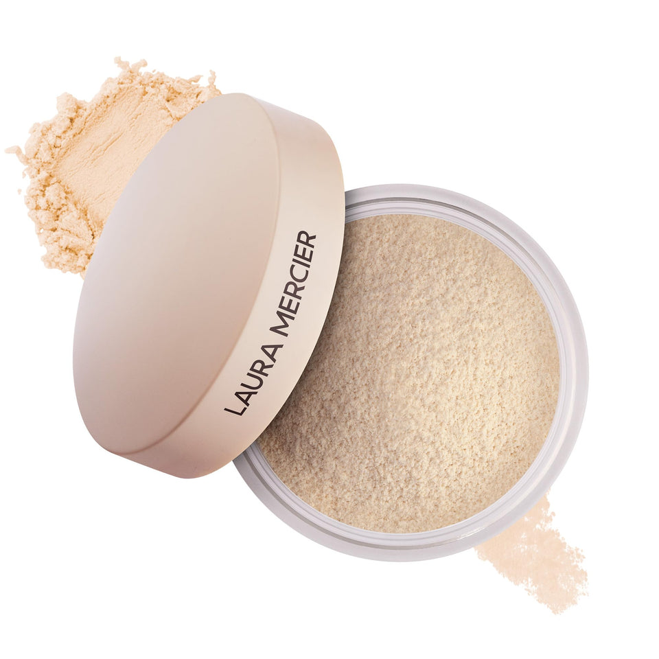 Laura Mercier jar front view showing sleek packaging and benefit of long-lasting wear