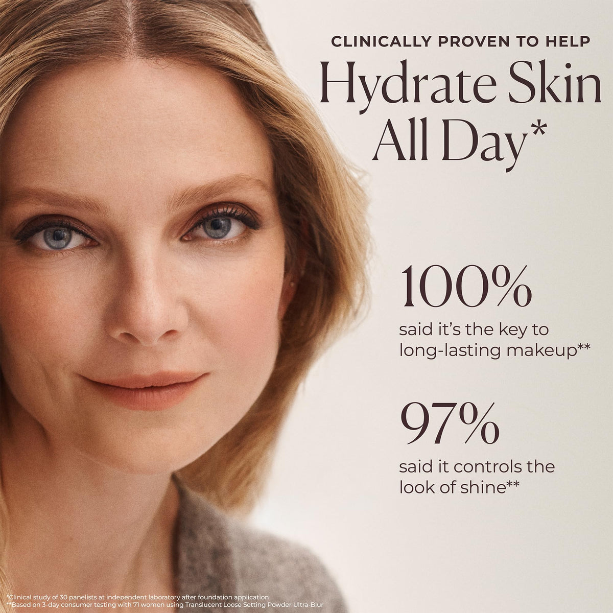Laura Mercier label and ingredients detail highlighting hyaluronic acid benefit