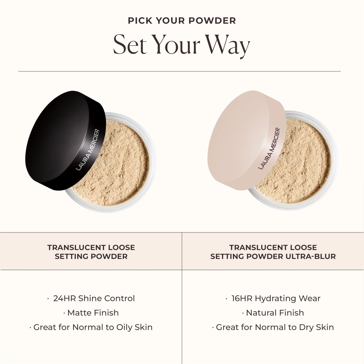 laura mercier label and ingredients view emphasizing talc-free benefit