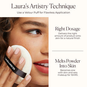 Laura Mercier compact inside handbag in lifestyle scene for quick travel-ready refresh benefit