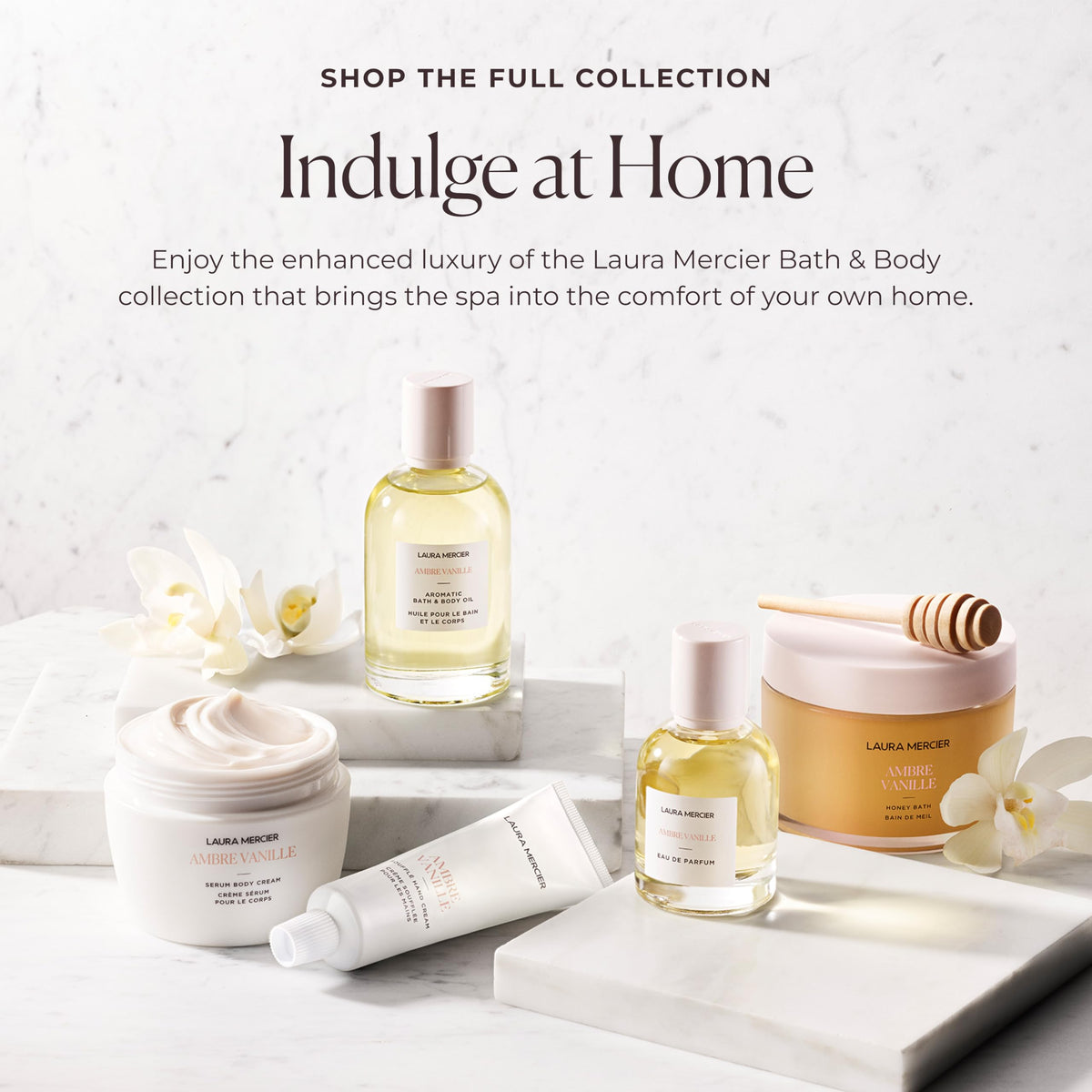 Laura Mercier on bathroom vanity styled to show daily routine benefit