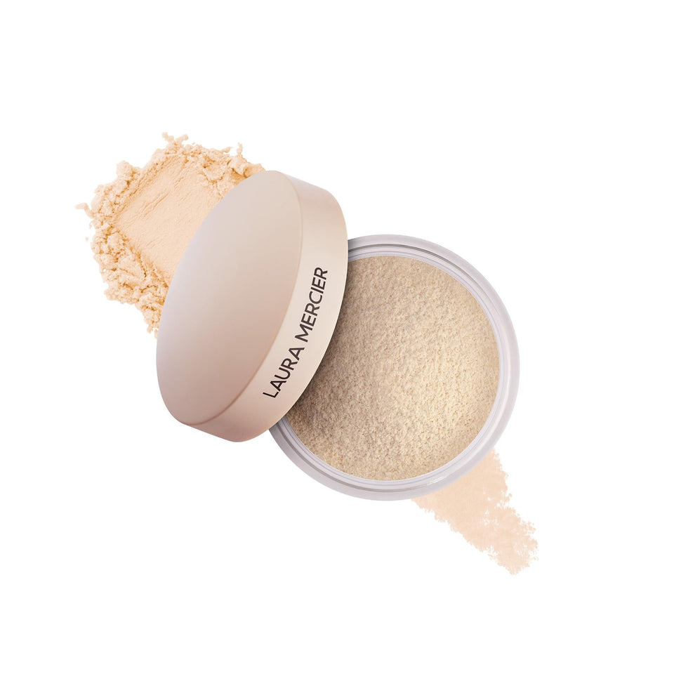 laura mercier mini front packaging shows compact travel-ready powder