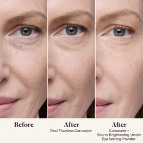 Laura Mercier open compact revealing peach and pink powder pan brightening benefit