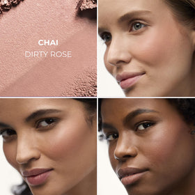 Laura Mercier open duo pans showing matte and luminous finishes for mixable looks