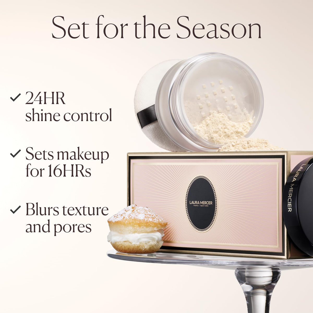Laura Mercier powder applied to T-zone demonstrating shine control benefit: long-lasting matte
