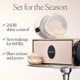 Laura Mercier powder applied to T-zone demonstrating shine control benefit: long-lasting matte
