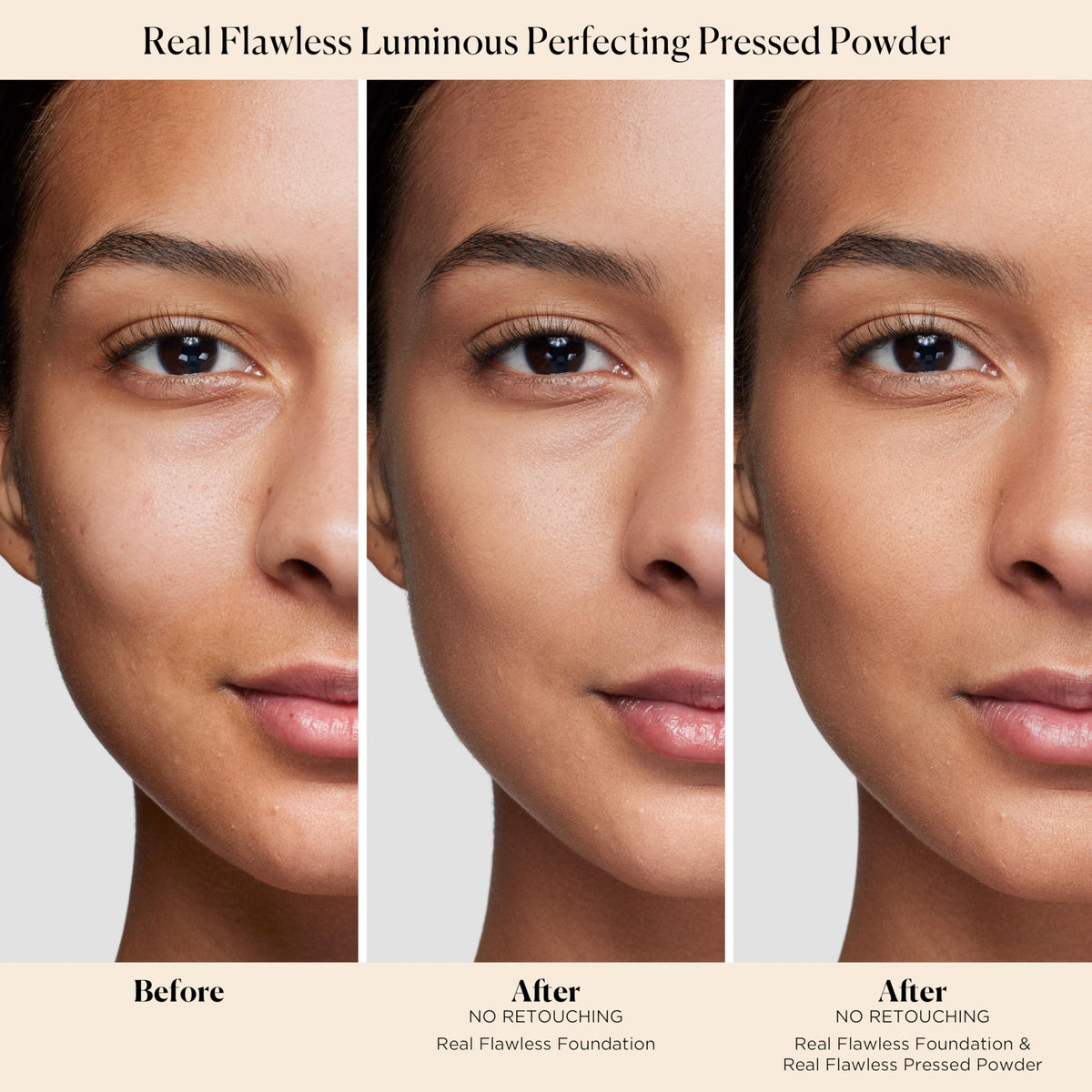 Laura Mercier close-up of powder texture showing smooth baked finish and blendable formula benefit: seamless application