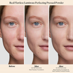 Laura Mercier powder open with swatch showing light luminous finish benefit
