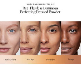 Laura Mercier powder swatches on arm illustrating translucent medium tone and subtle luminosity benefit: realistic shade preview