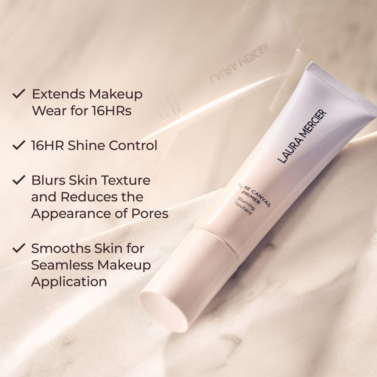 Laura Mercier before-and-after pore blur comparison demonstrating smoother skin