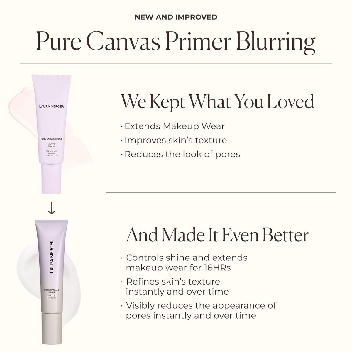 Laura Mercier bottle held in hand showing size and travel-friendly benefit