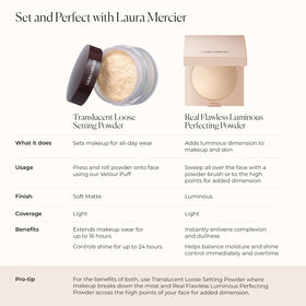 Laura Mercier compact next to coin for scale showing travel-friendly size