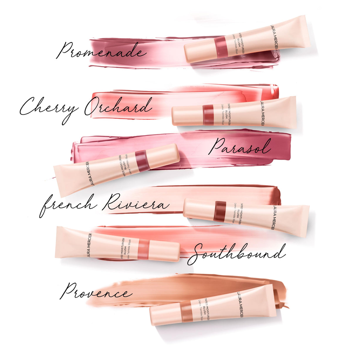 Laura Mercier applied in mirror lifestyle shot showing radiant cheeks and effortless routine