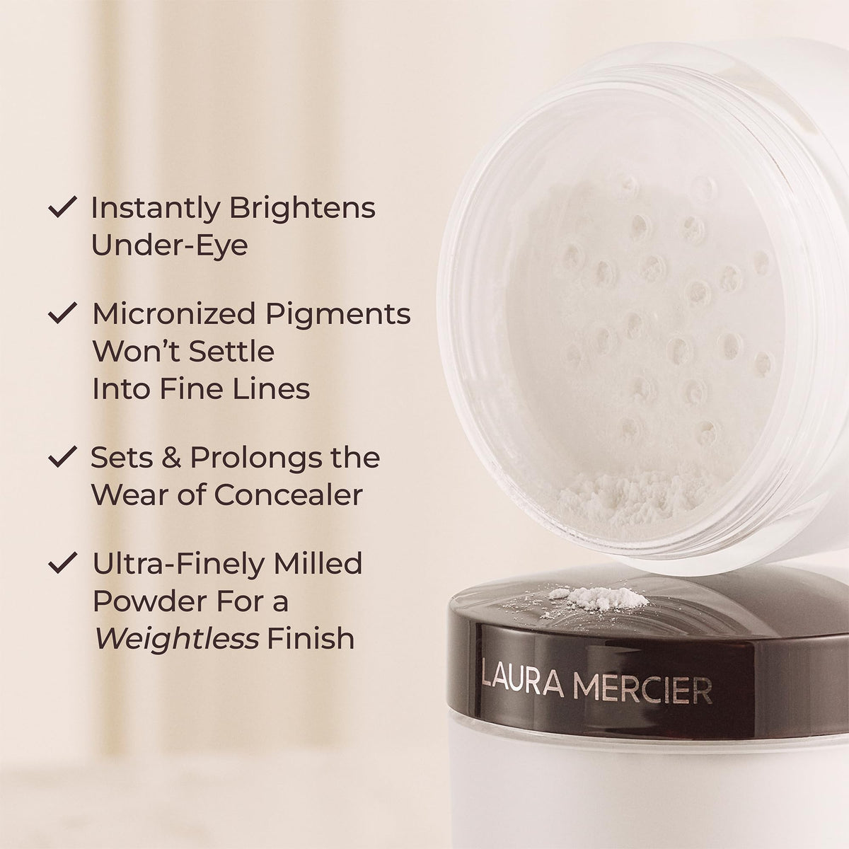 Laura Mercier macro view of finely milled powder particles that diffuse light evenly