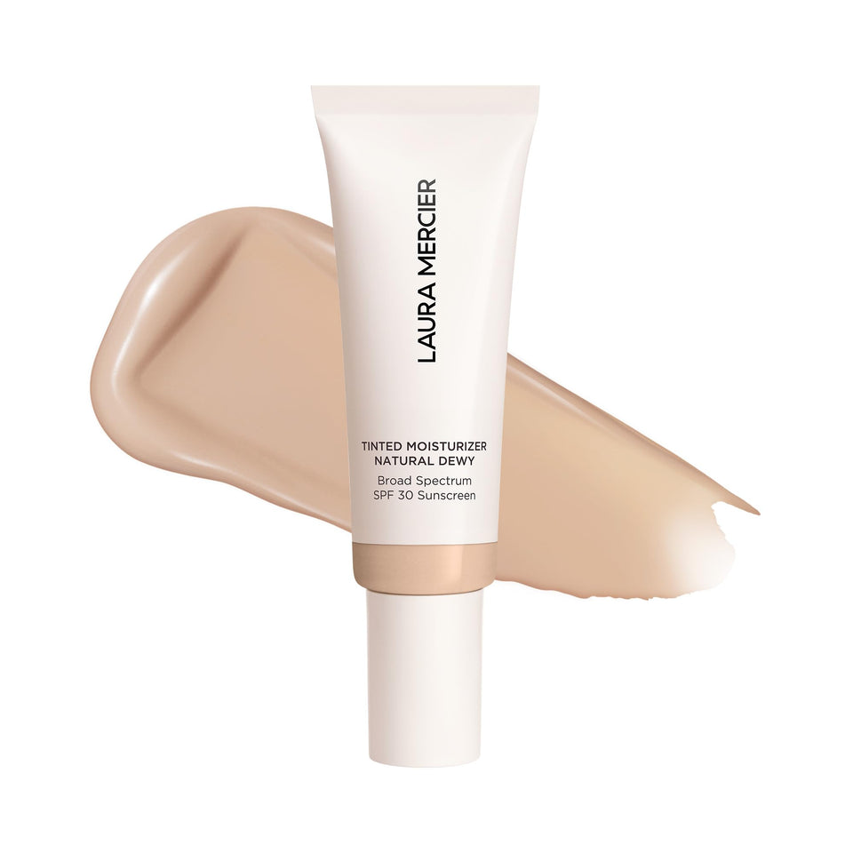 Laura Mercier front jar view showing dewy packaging and easy-access design benefit