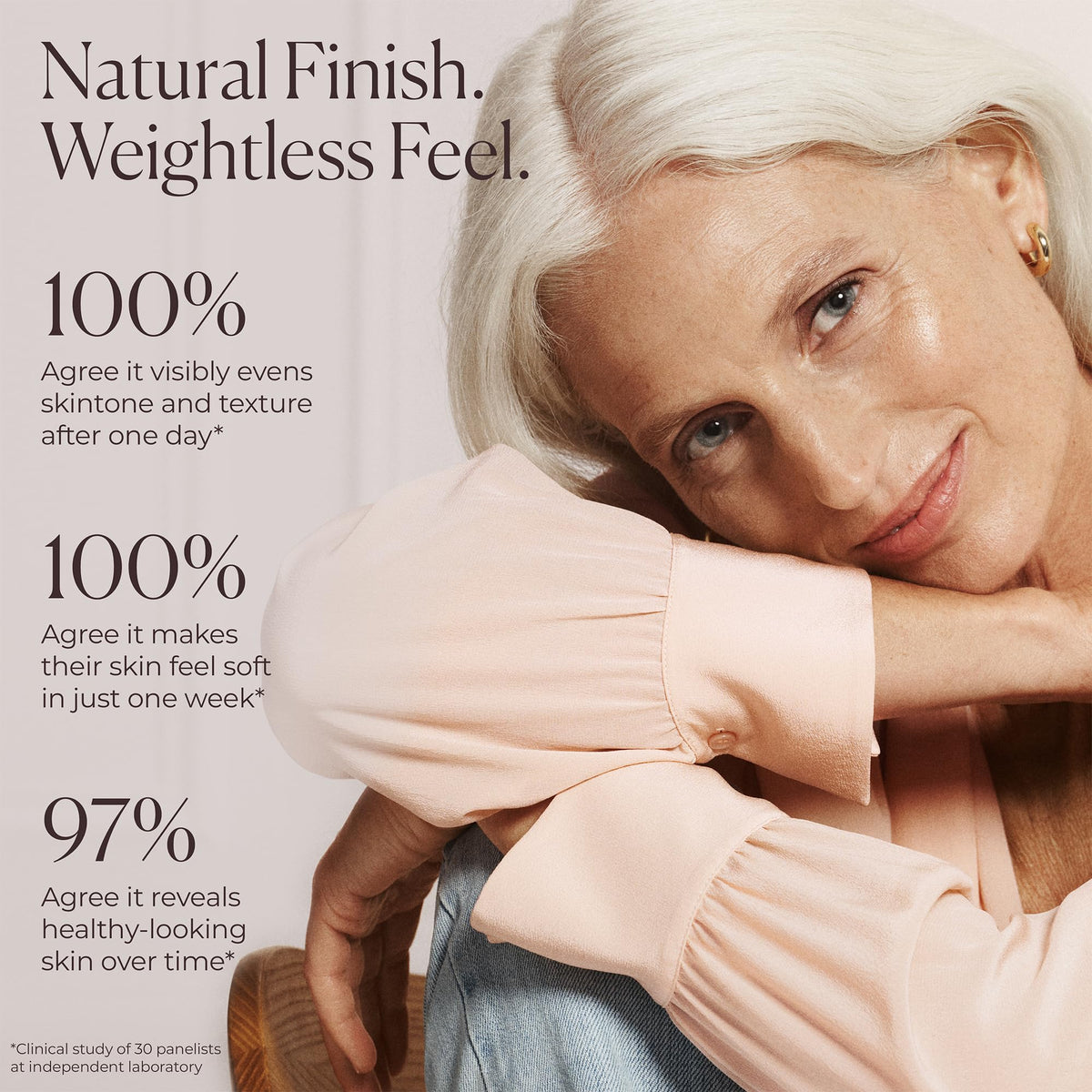 Laura Mercier on model showing dewy skin and natural, radiant appearance