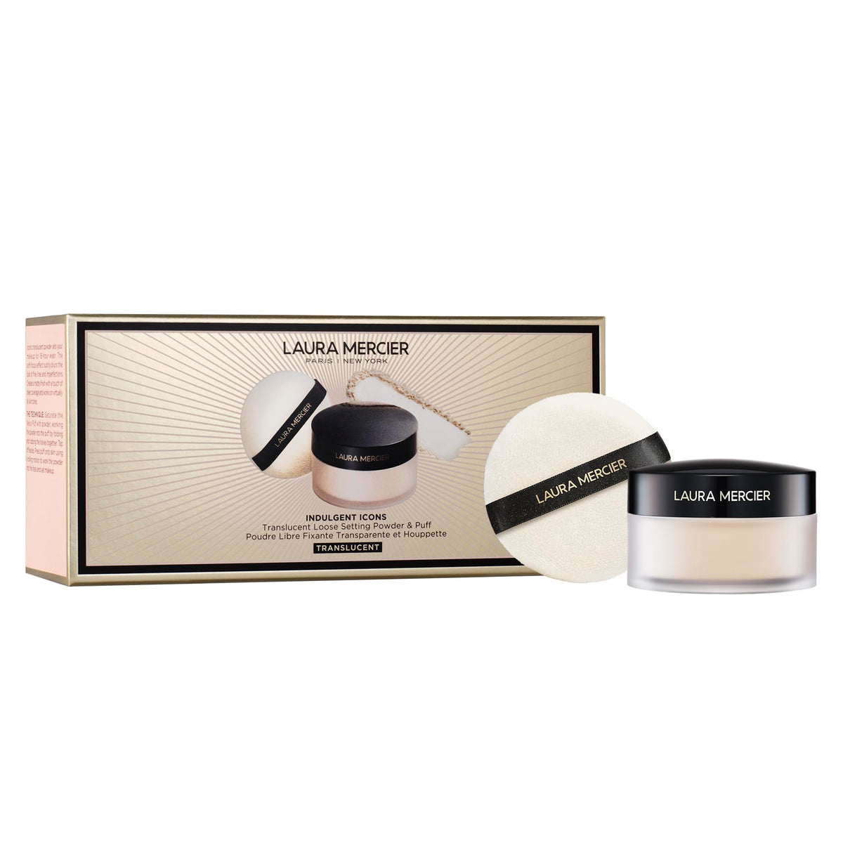 Laura Mercier jar front view showing branding and compact packaging benefit: recognizable luxury
