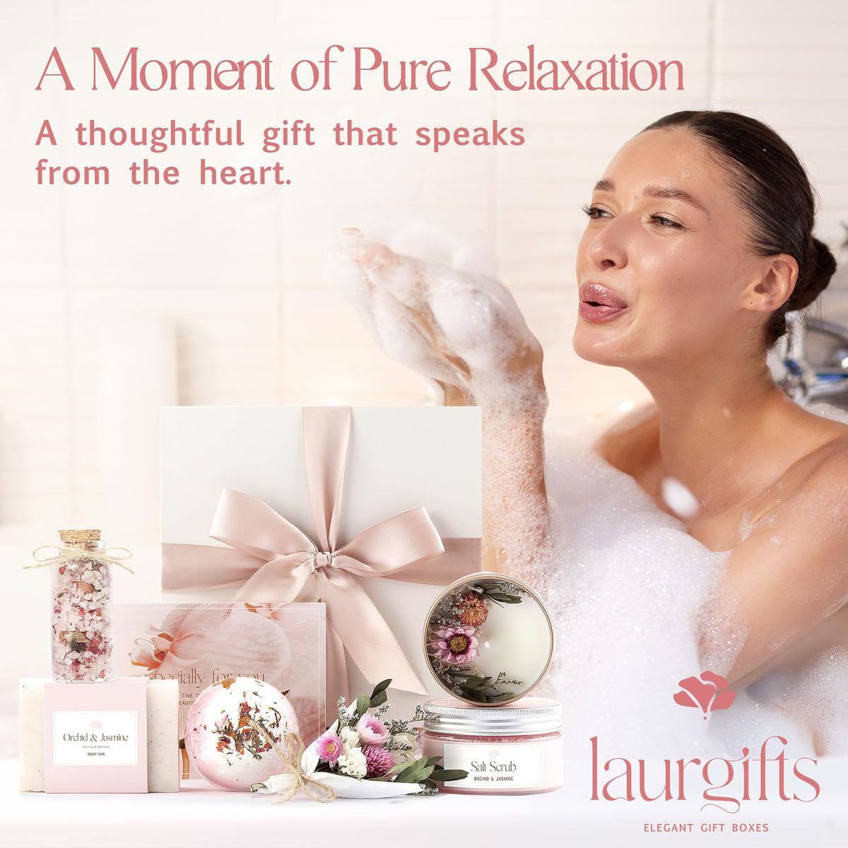 LaurGifts spa set staged in bathroom benefit: ready-to-use spa atmosphere