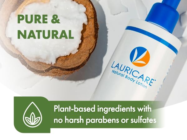 Lauricare bottle beside green plant suggesting plant-based formulation