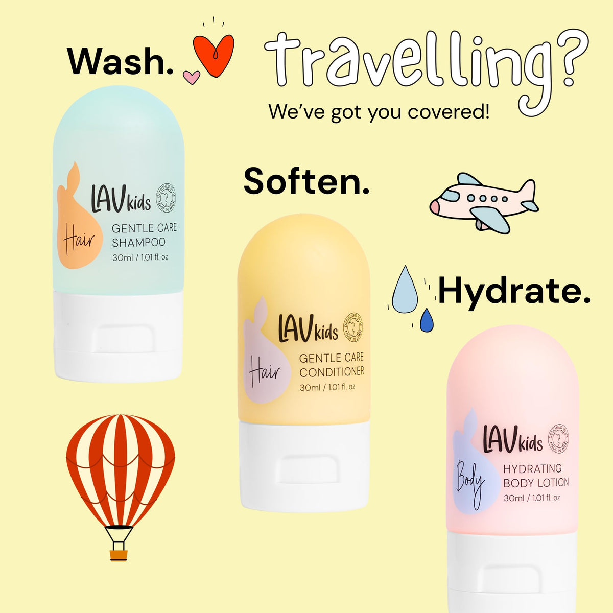 LAV KIDS close-up pump on lotion highlighting easy application and soft hydration