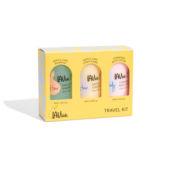 LAV KIDS front packaging trio showing travel-size convenience and gentle formulas