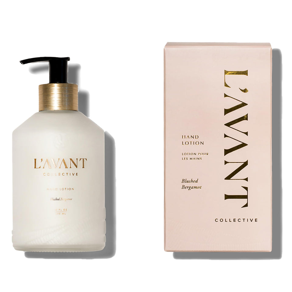 L'AVANT Collective front bottle showing elegant glass and pump, enhances counter aesthetics