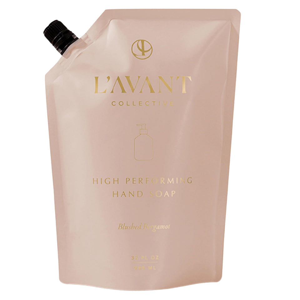 L'AVANT Collective pouch front view showing label and refill benefit