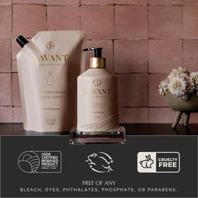 L'AVANT Collective pouch being poured into glass bottle for low-waste refill
