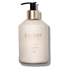 L'AVANT Collective front bottle showing Ambre Santal label and elegant design benefit display