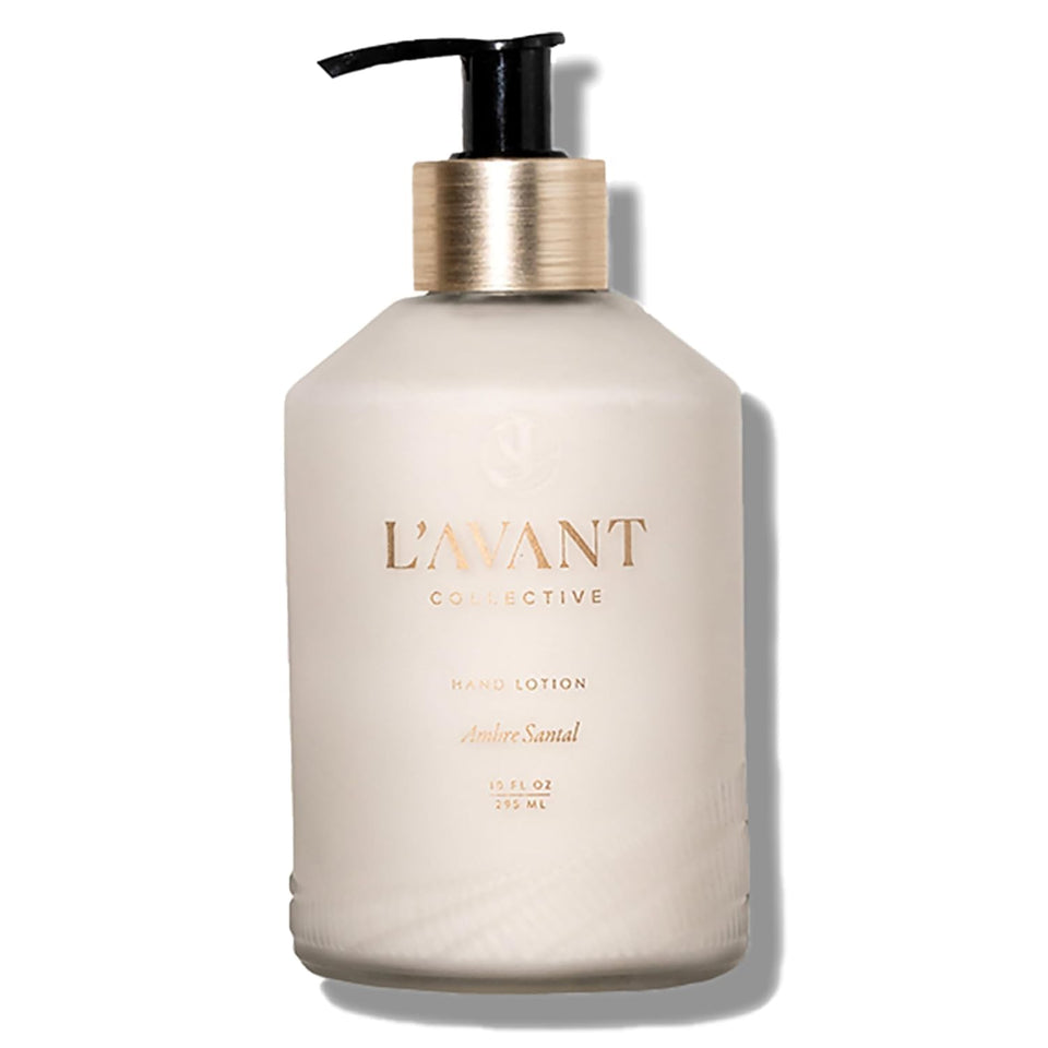 L'AVANT Collective front bottle showing Ambre Santal label and elegant design benefit display