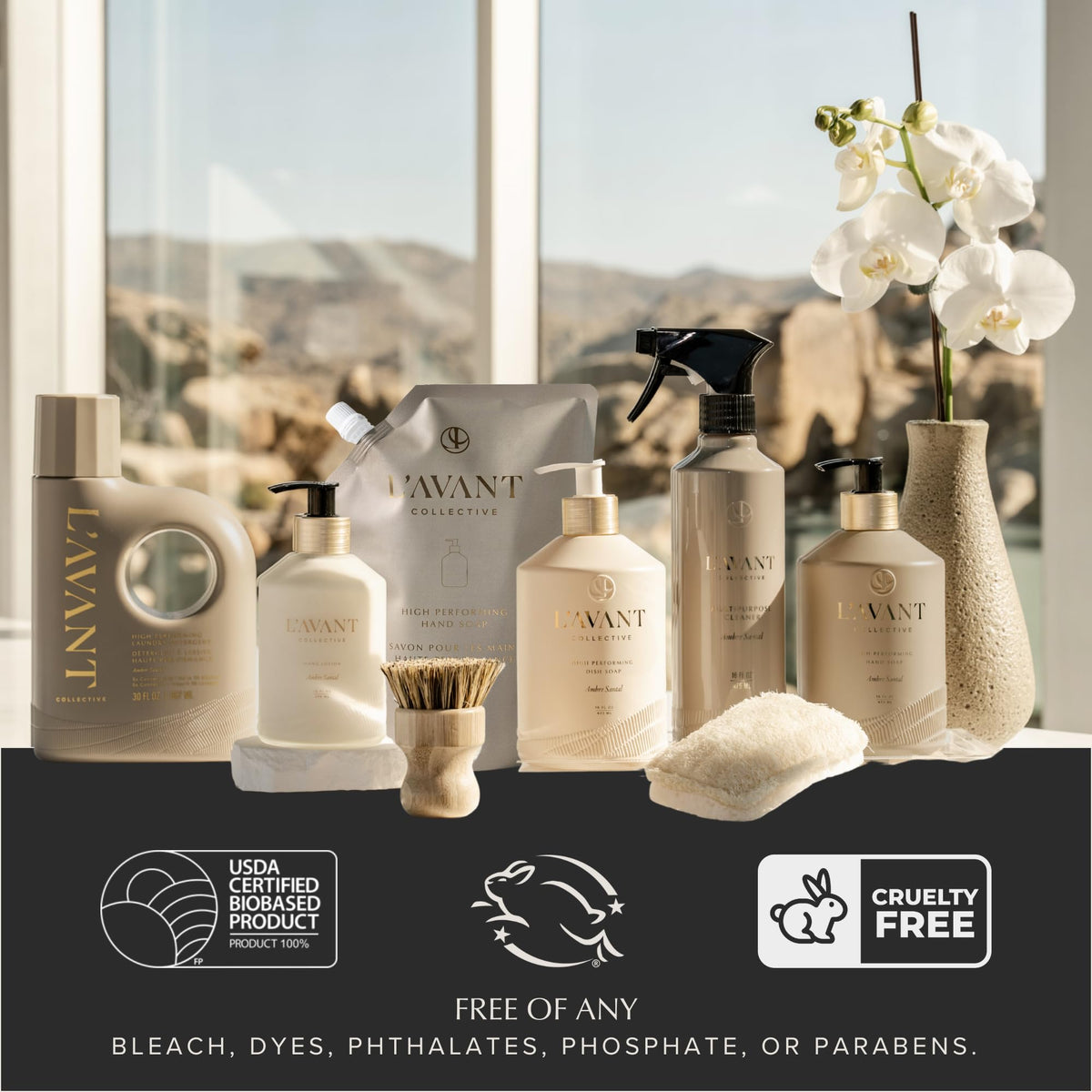 L'AVANT Collective pouring refill into glass bottle demonstrating less plastic waste