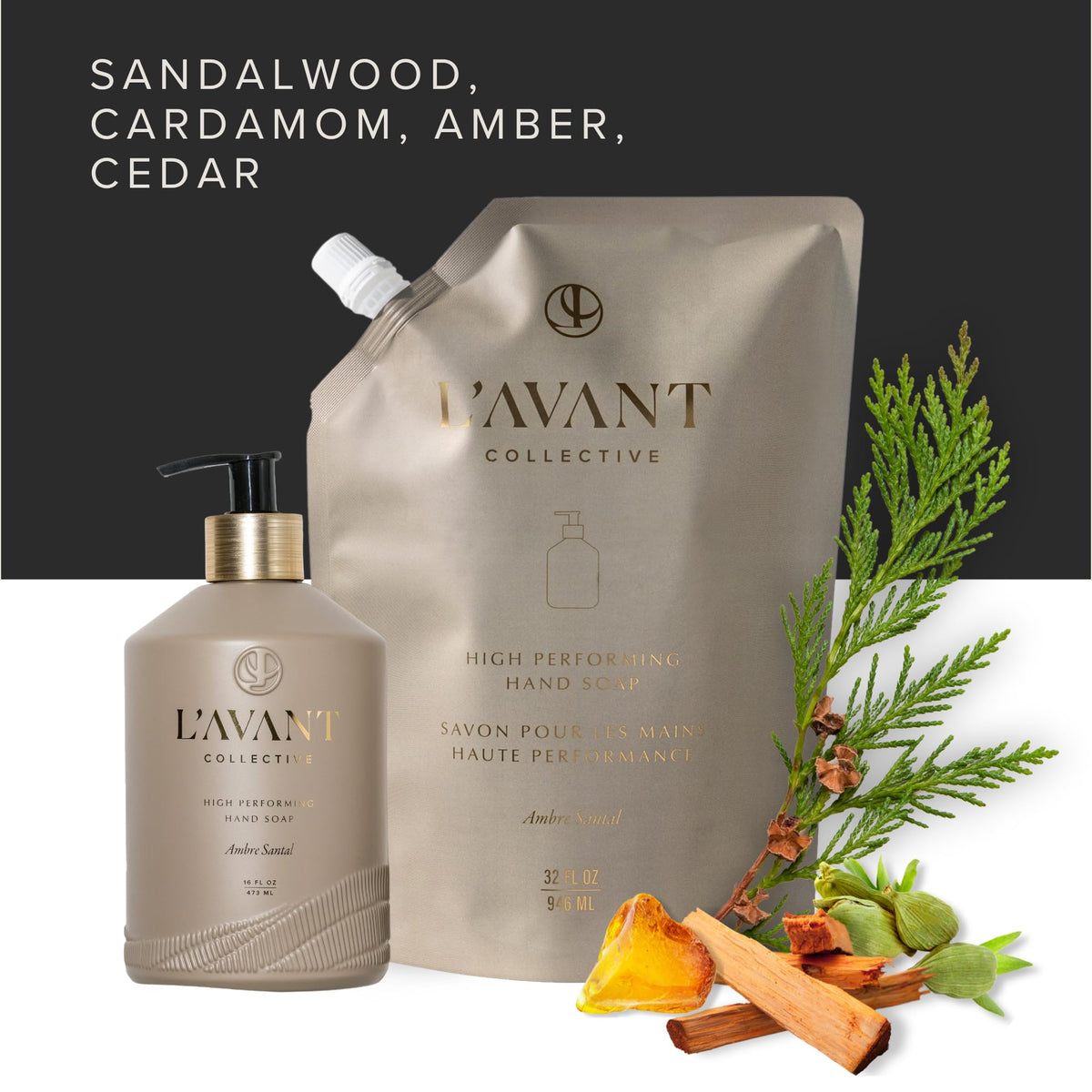L'AVANT Collective refill pouch paired with bottle showing waste-reducing benefit