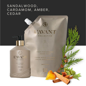 L'AVANT Collective refill pouch paired with bottle showing waste-reducing benefit