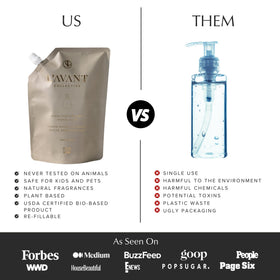 L'AVANT Collective pouch next to glass bottle showing refill size and reuse benefit