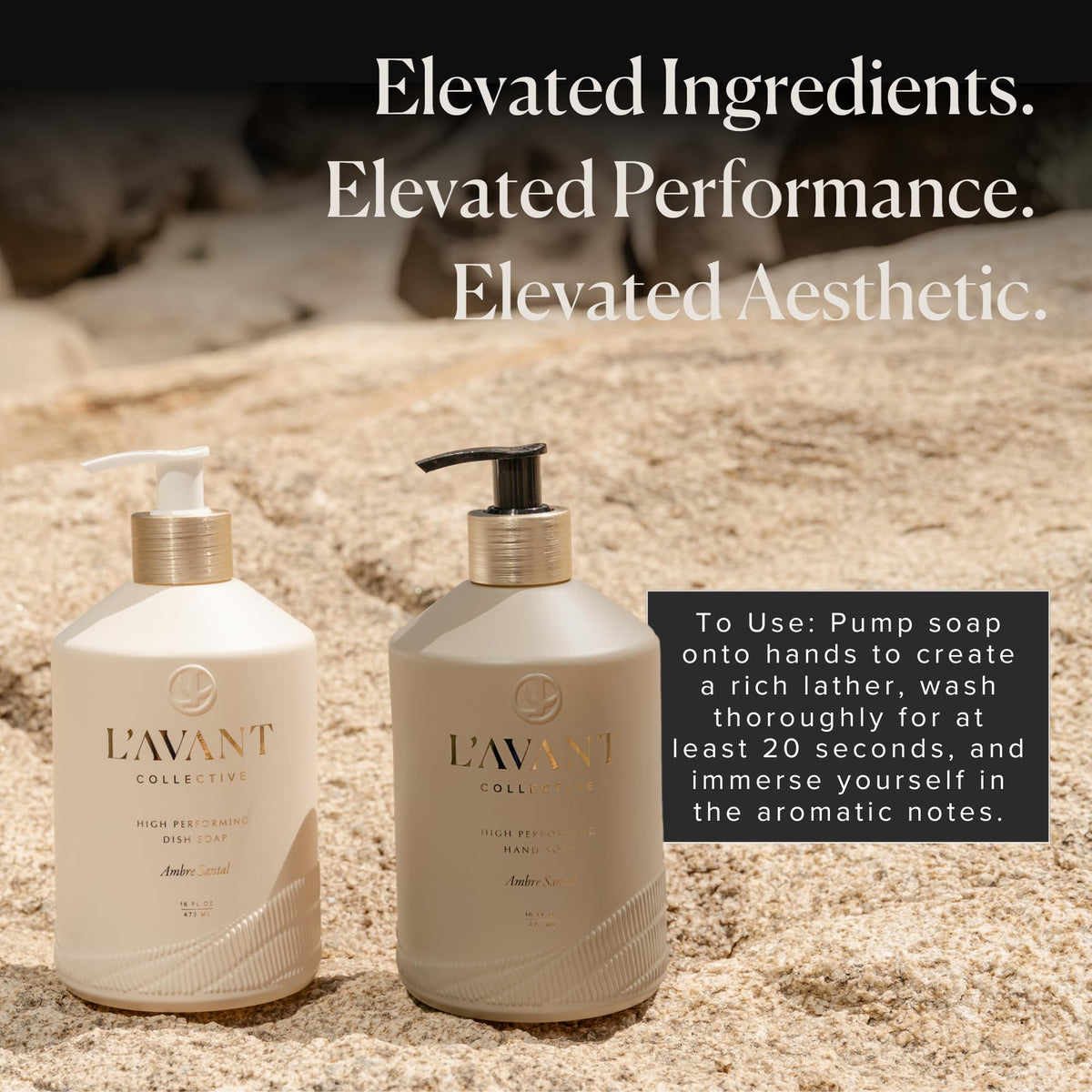 L'AVANT Collective bottle on bathroom sink styled setting, enhances home decor