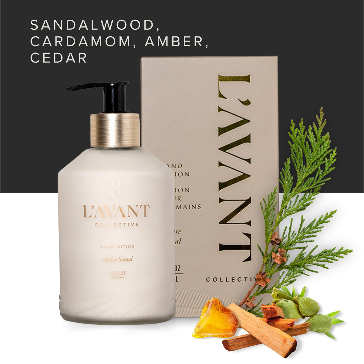 L'AVANT Collective bottle staged on bathroom counter demonstrating upscale countertop aesthetic