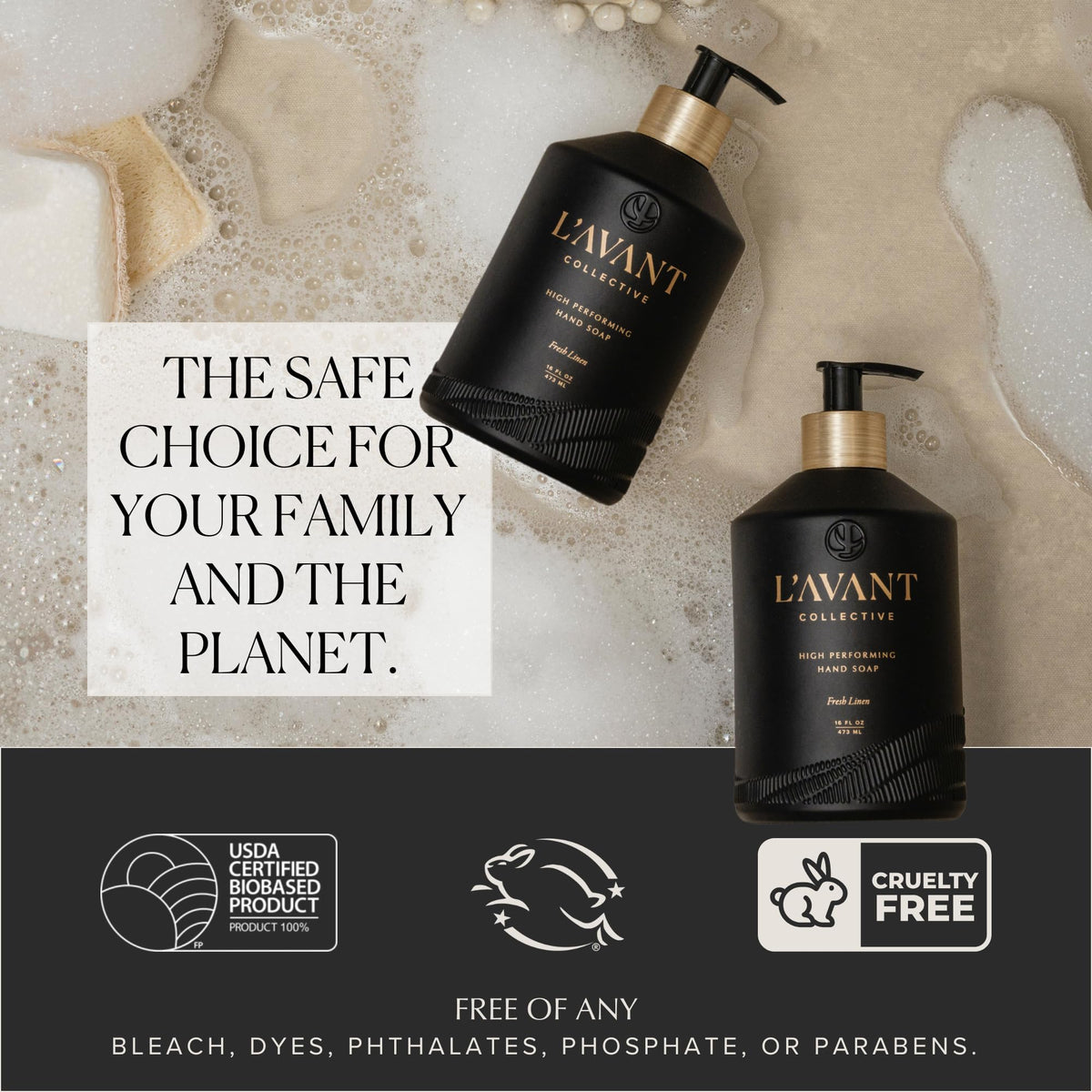 L'AVANT Collective creamy lather close-up showing moisturizing foam and gentle cleansing action