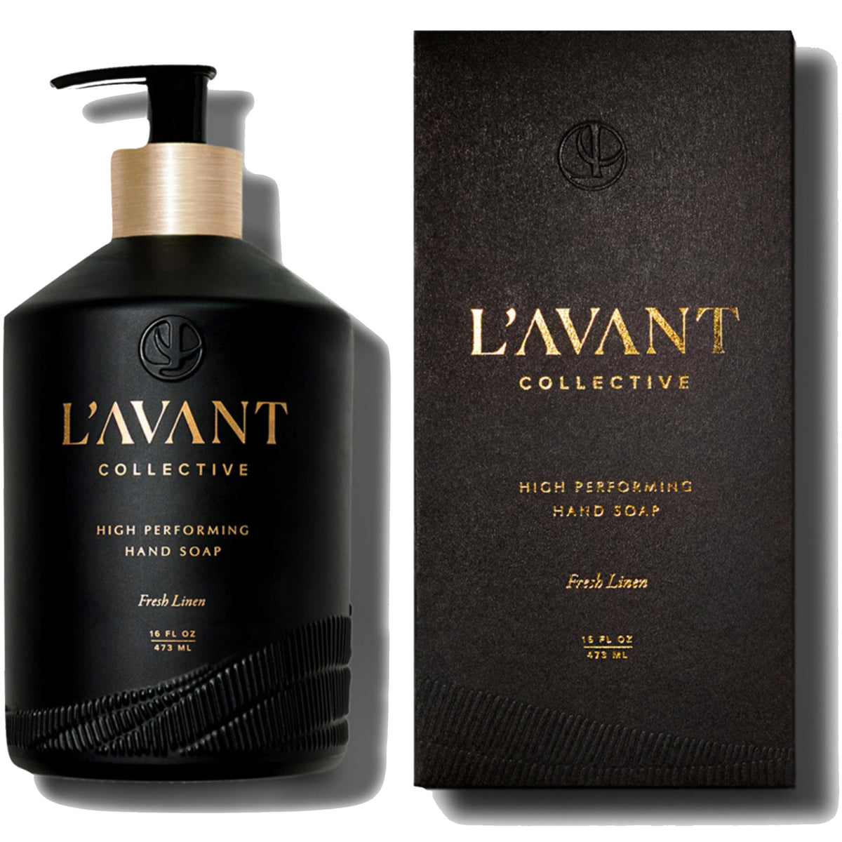 L'AVANT Collective front bottle showing fresh linen label and glass elegance for a luxe sink