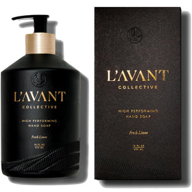 L'AVANT Collective front bottle showing fresh linen label and glass elegance for a luxe sink