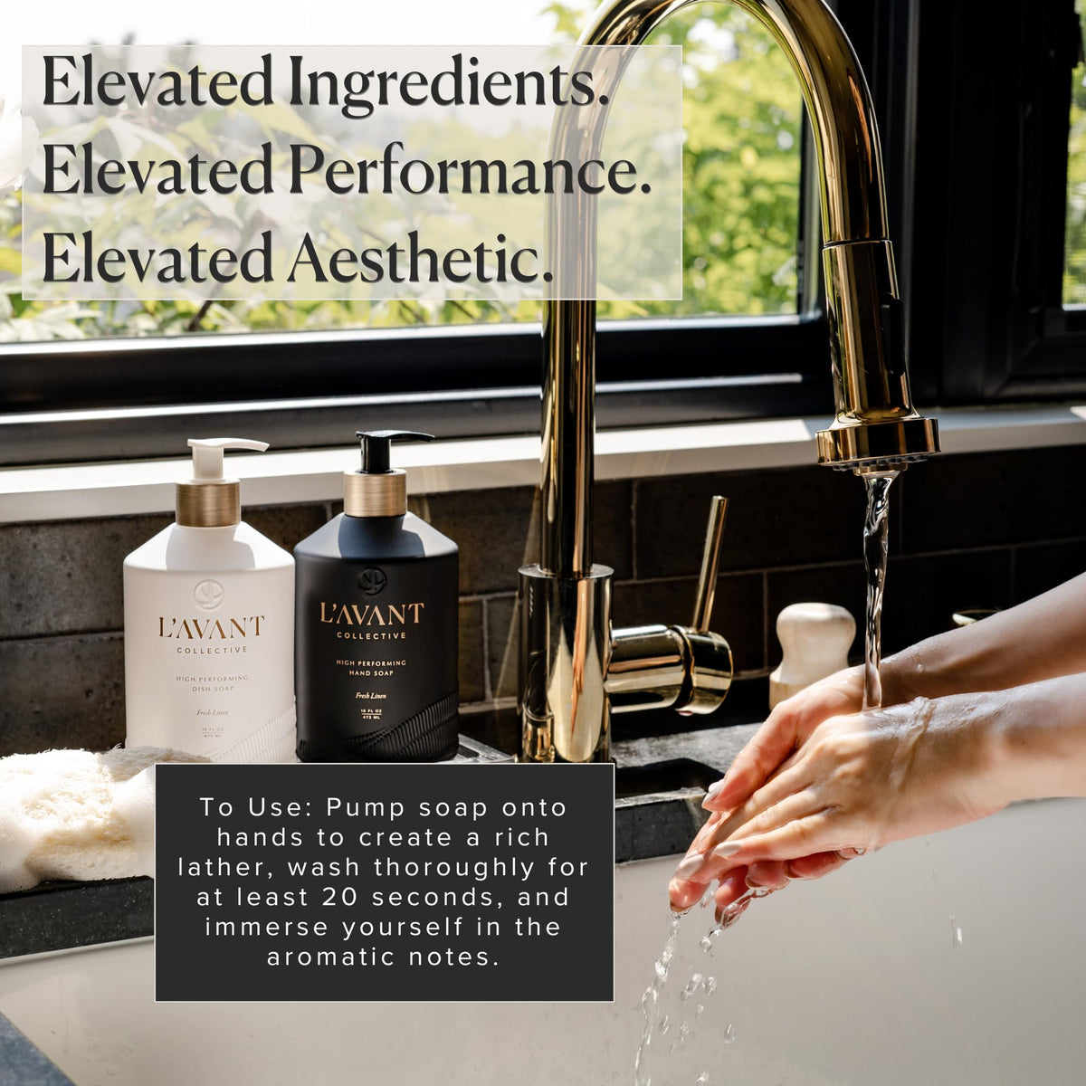 L'AVANT Collective bottle on kitchen sink showing aesthetic and family-friendly handwashing benefit