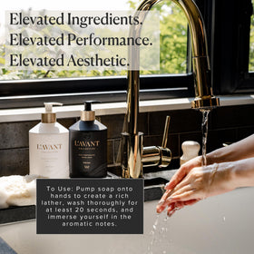 L'AVANT Collective bottle on kitchen sink showing aesthetic and family-friendly handwashing benefit