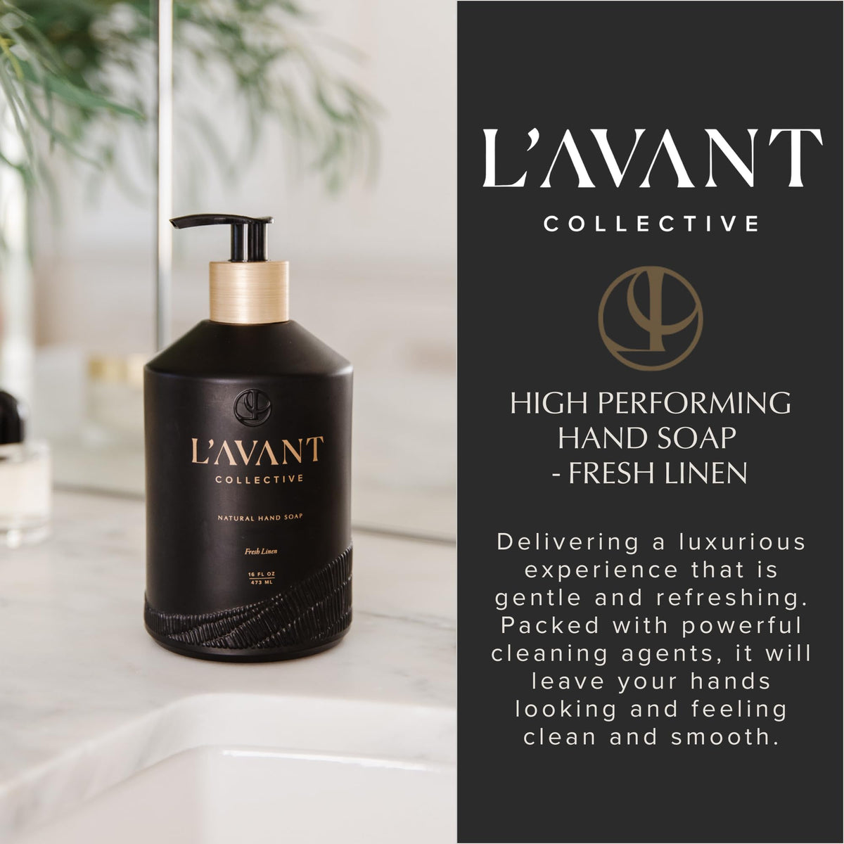 L'AVANT Collective label closeup listing plant-based ingredients for transparency and safer washing