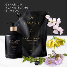 Hands creating creamy lather with L'AVANT Fresh Linen, illustrates moisturizing gentle cleansing