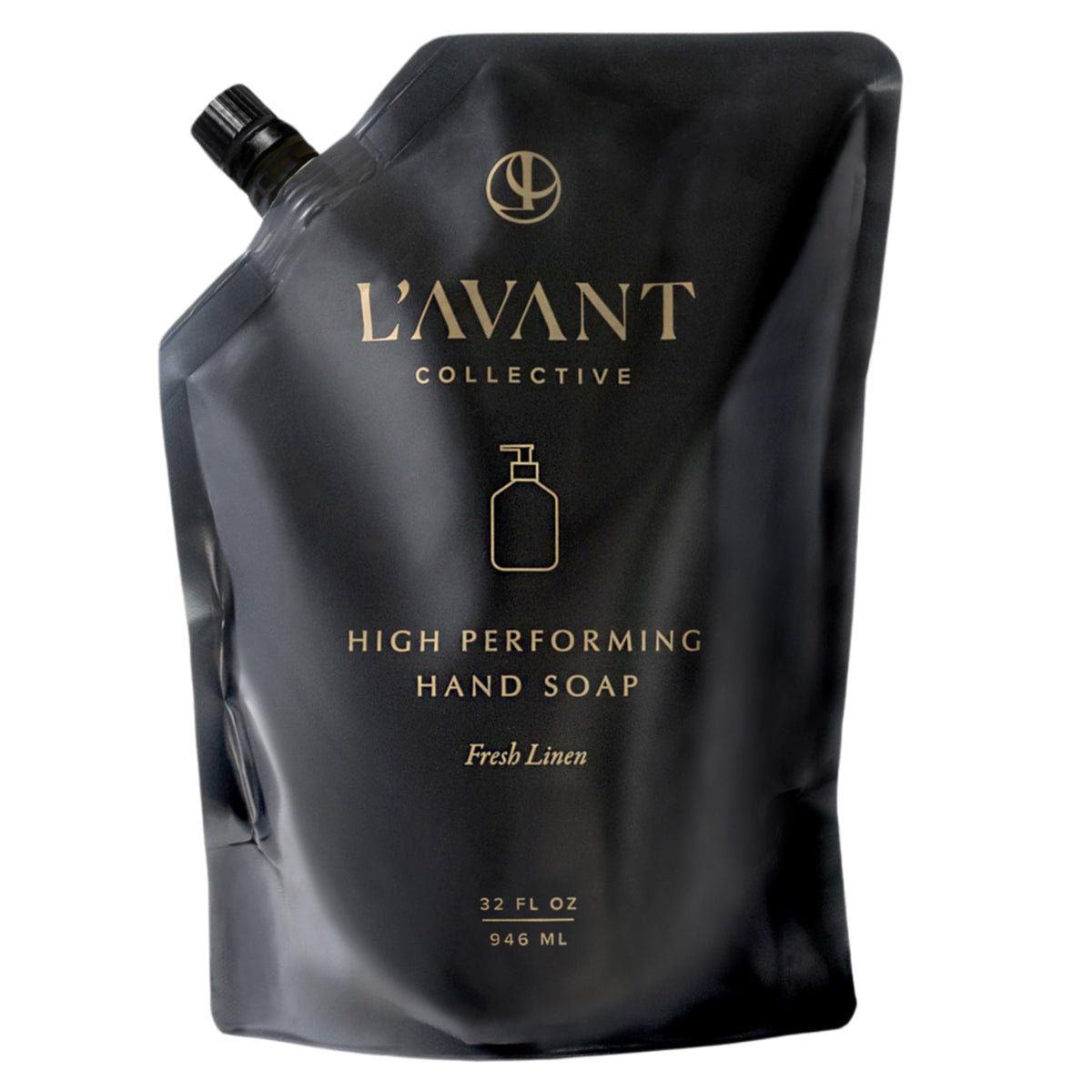 L'AVANT front packaging of Fresh Linen refill showing label and eco pouch, highlights sustainability
