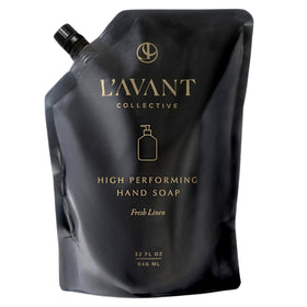 L'AVANT front packaging of Fresh Linen refill showing label and eco pouch, highlights sustainability