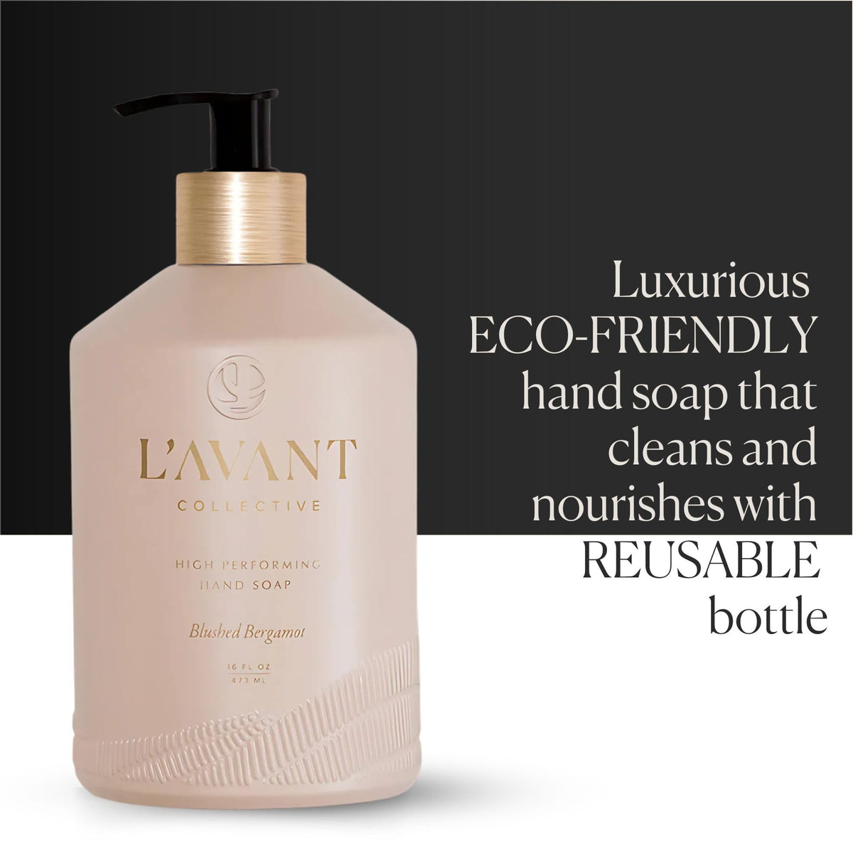 L'AVANT Collective brushed gold pump close-up emphasizing durable refillable bottle quality