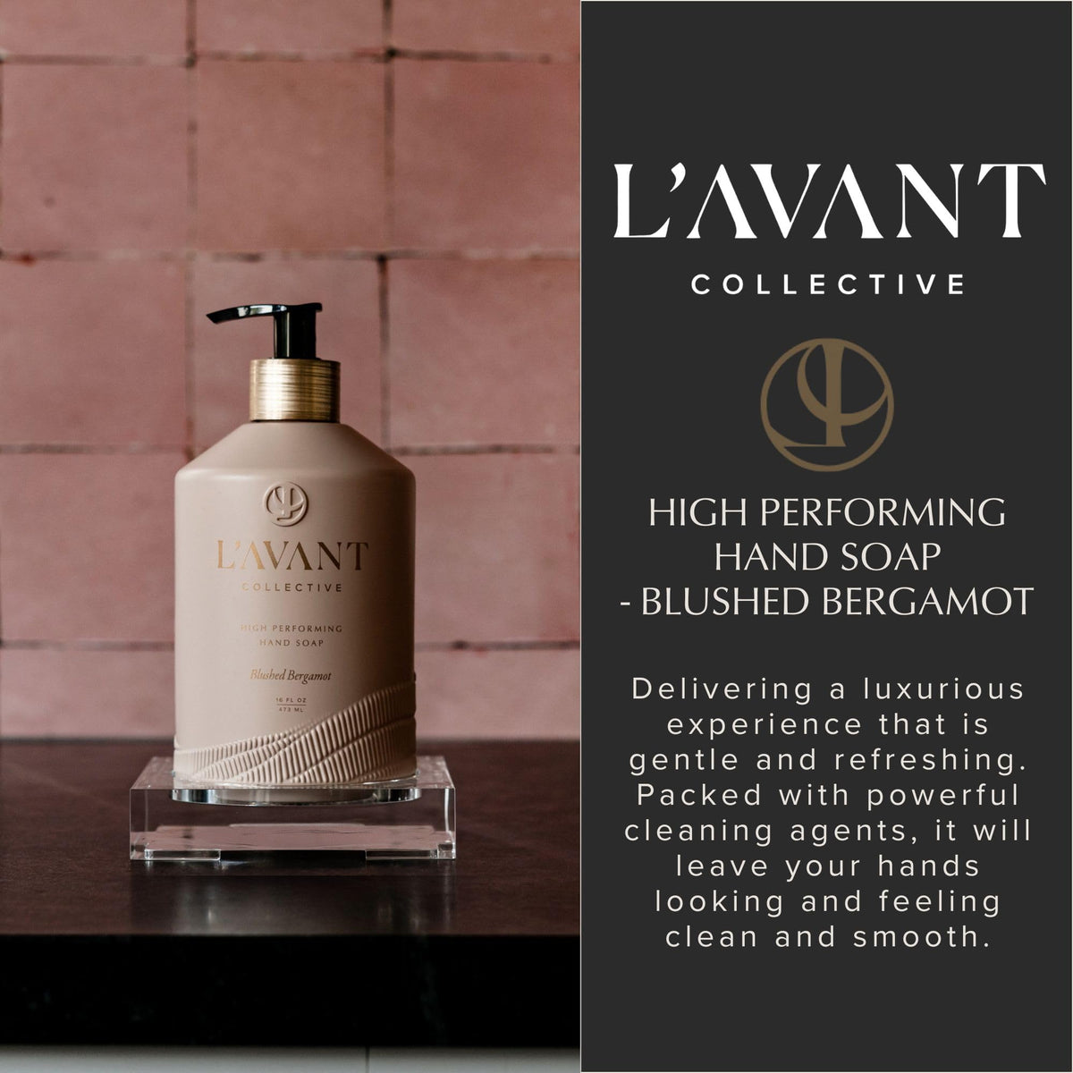 L'AVANT Collective soap being dispensed at a kitchen sink demonstrating gentle cleansing